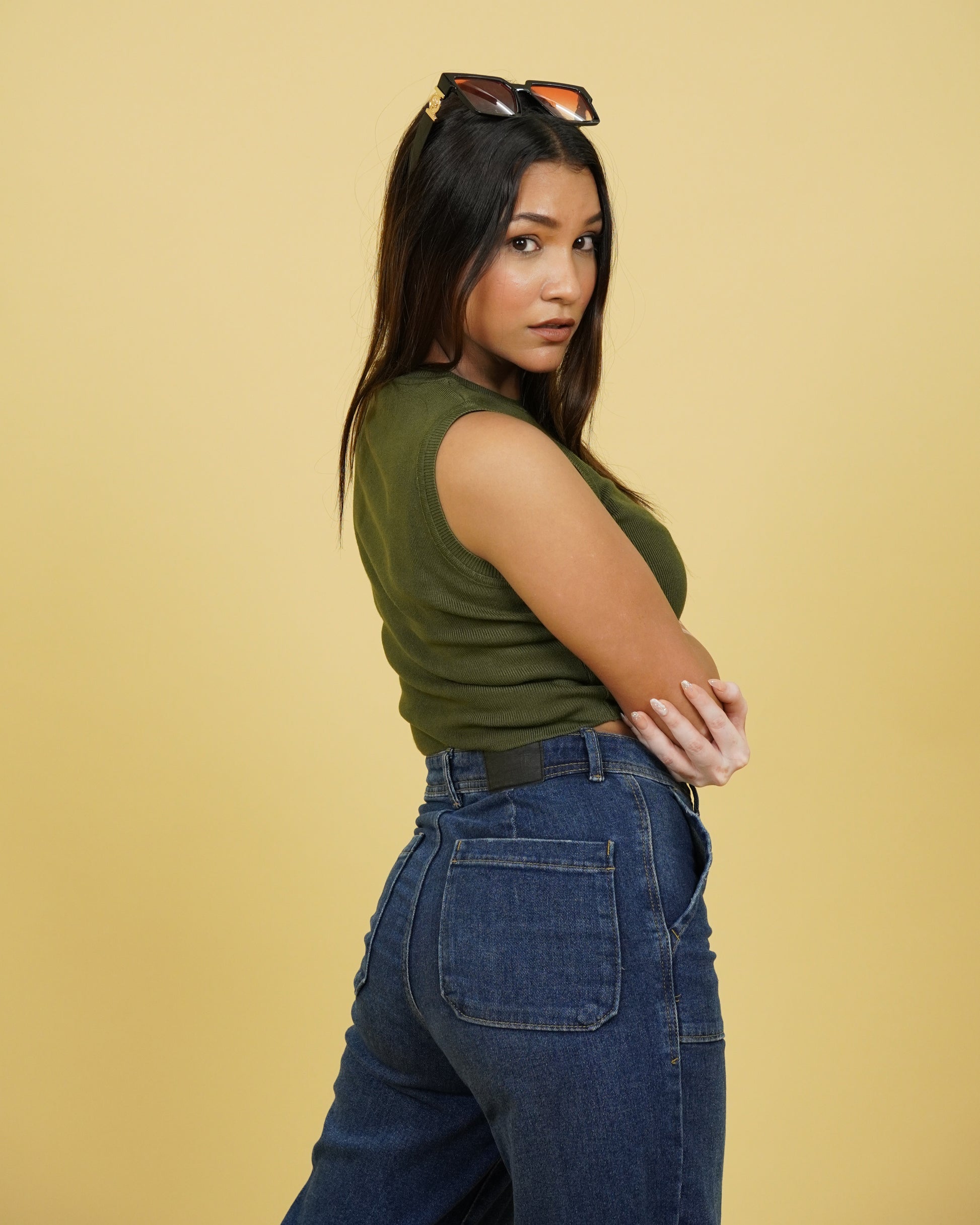 Women's Olive Winter Tank Top Side View