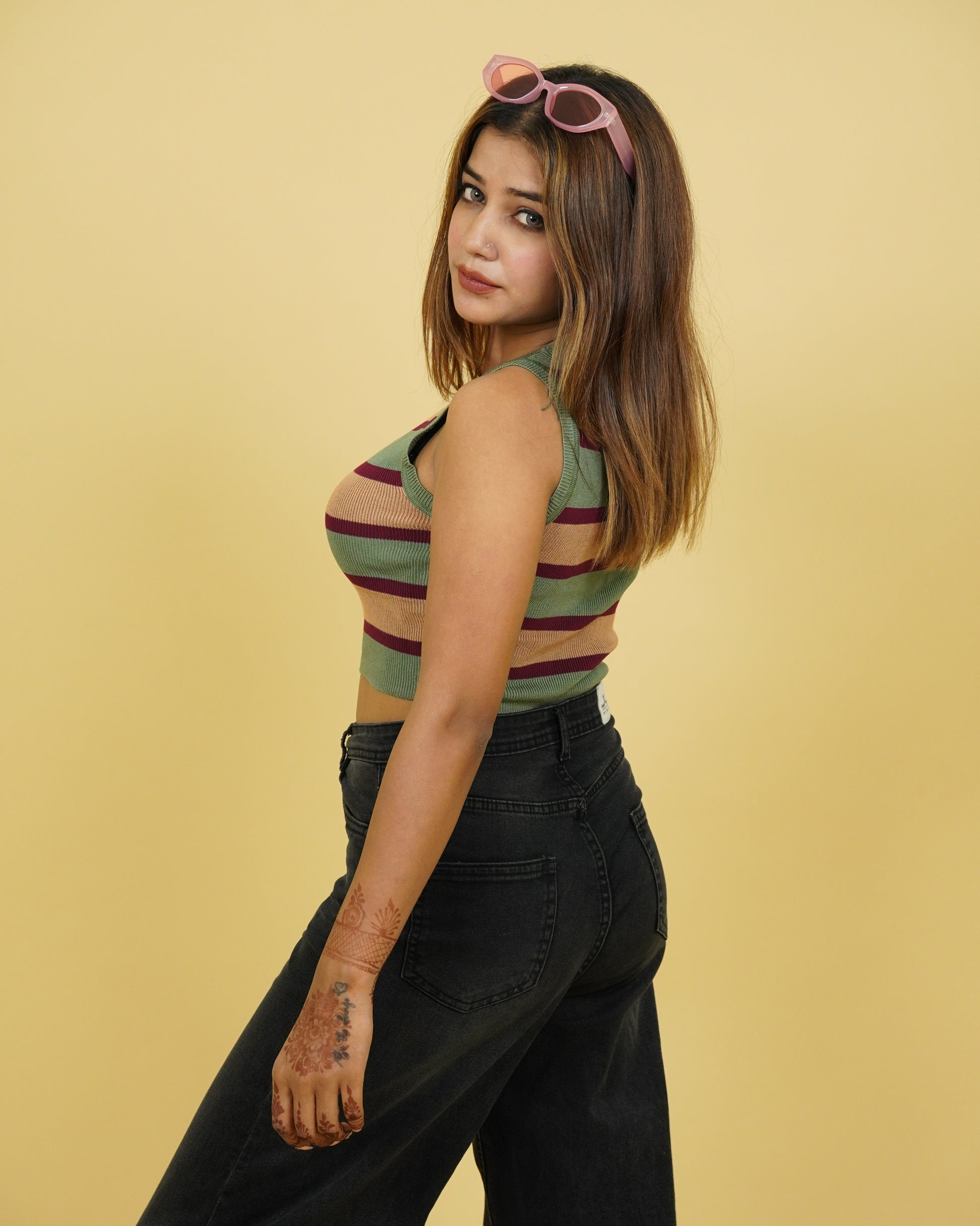 Women's Olive Strip Winter Tank Top Side View