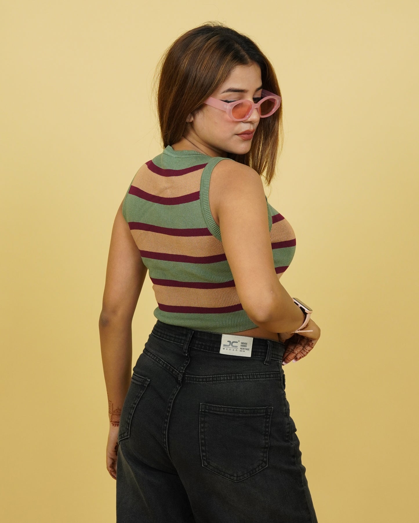 Women's Olive Strip Winter Tank Top Back View