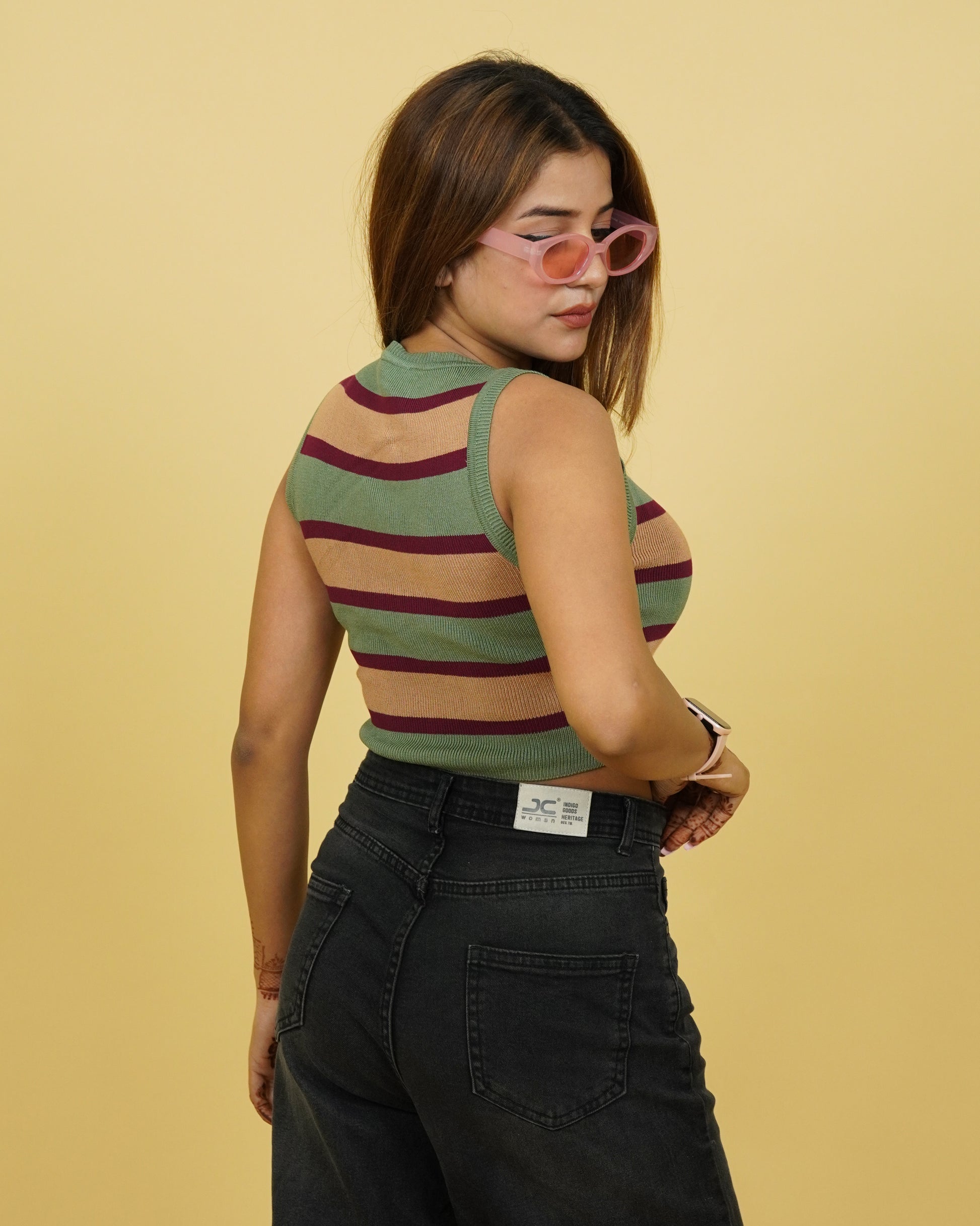 Women's Olive Strip Winter Tank Top Back View