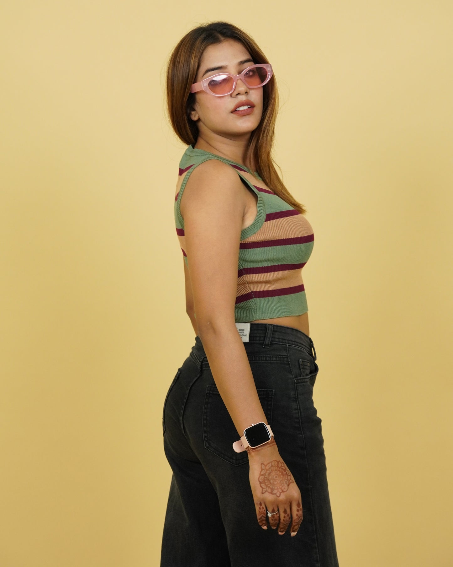 Women's Olive Strip Winter Tank Top Side View