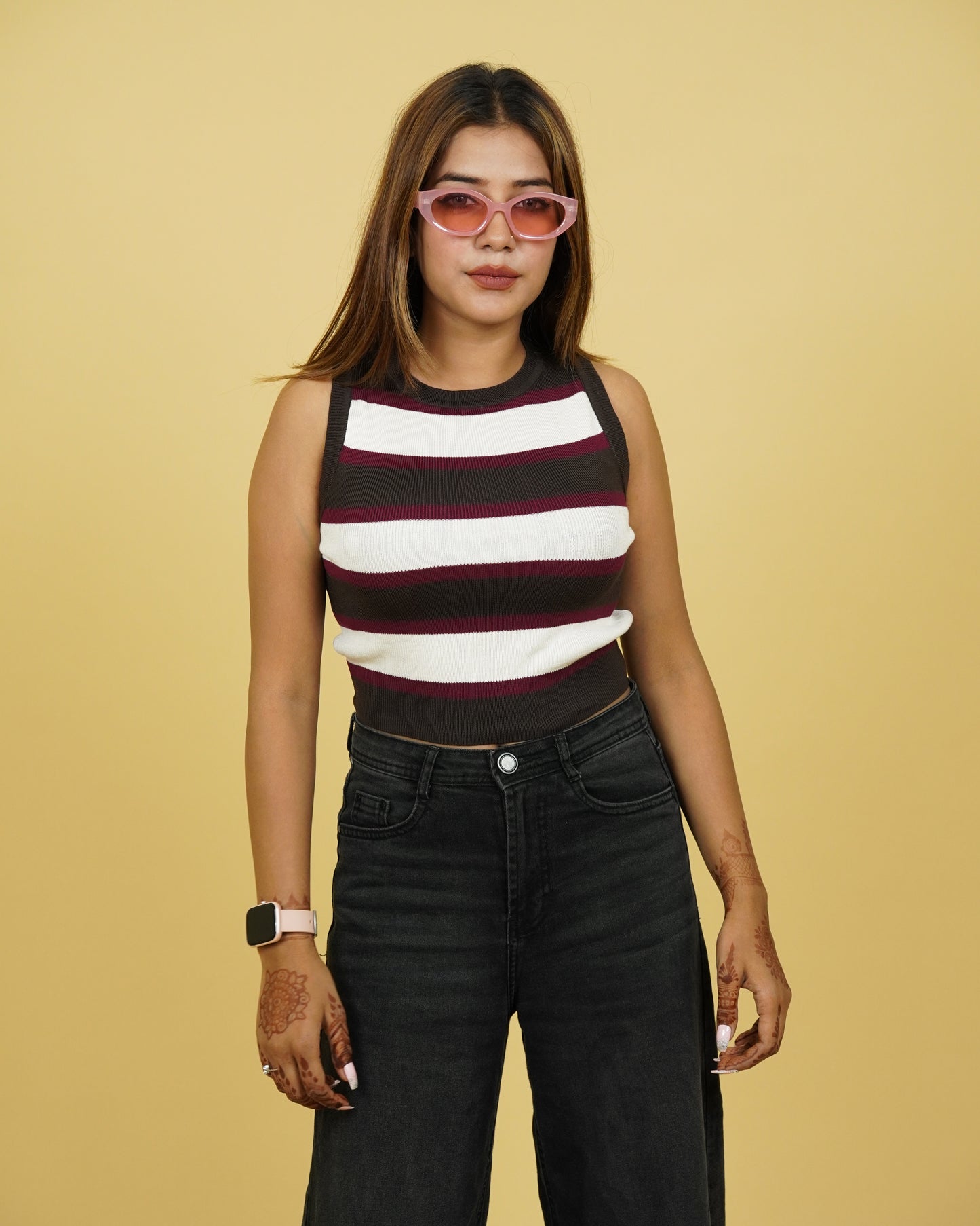 Women's White & Black Strip Winter Tank Top Front View