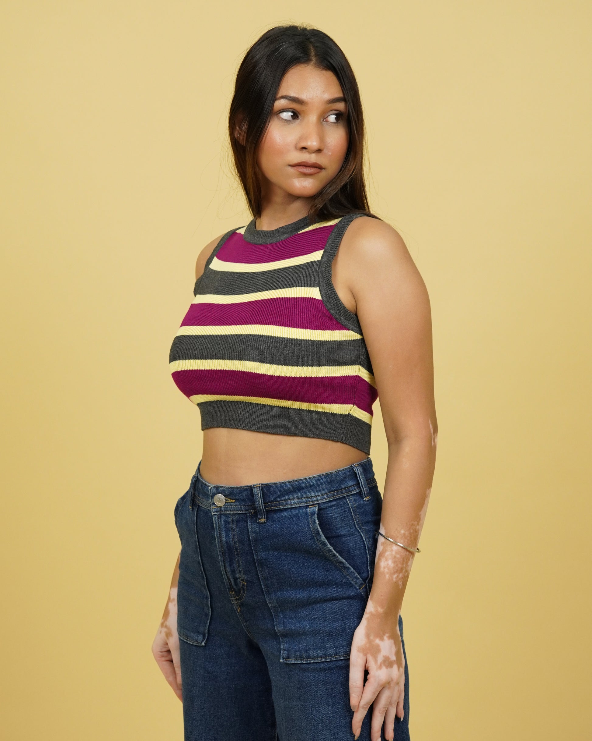 Women's Grey Strip Winter Tank Top Side View