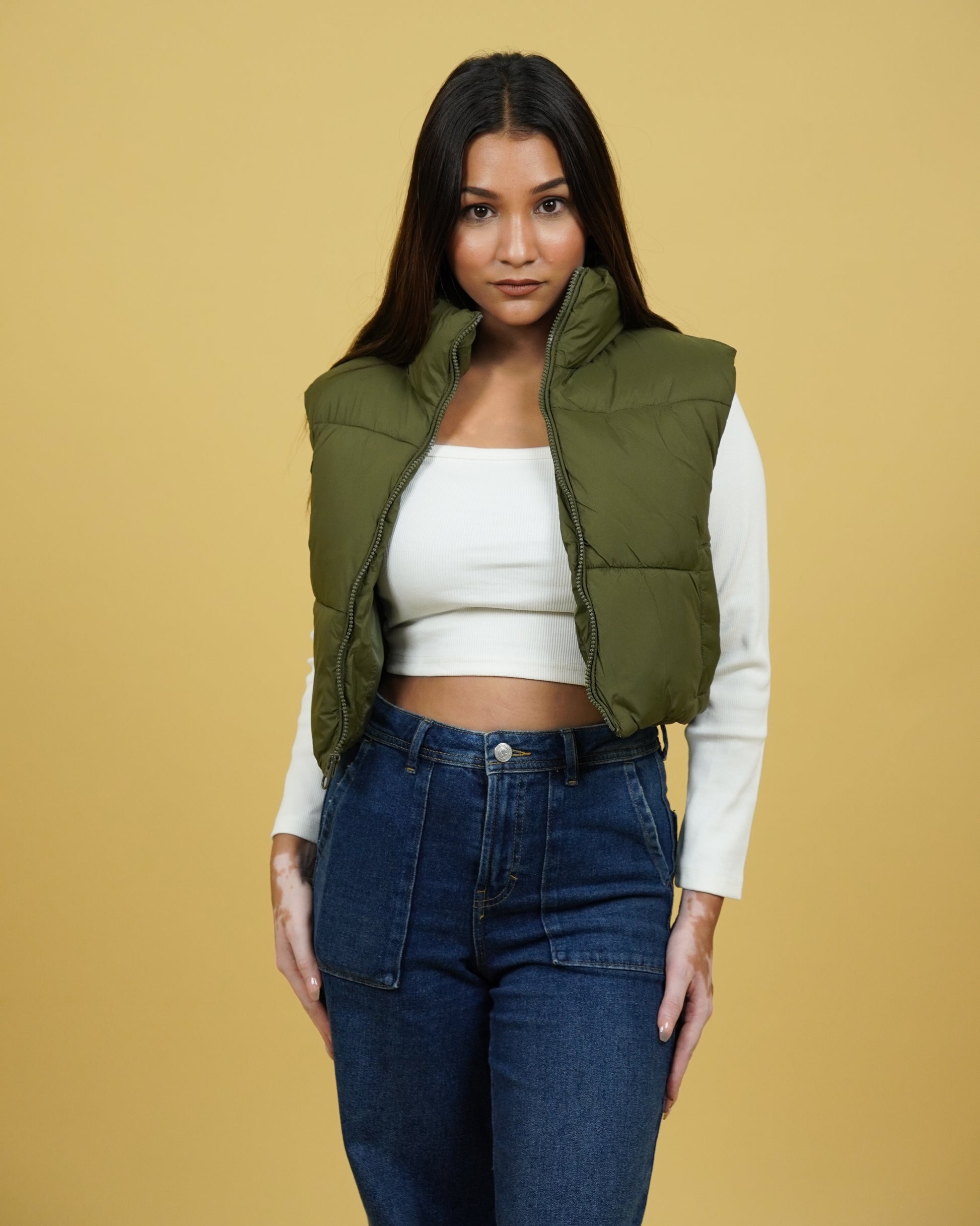 Womens Olive Crop Puffer Jacket Front View