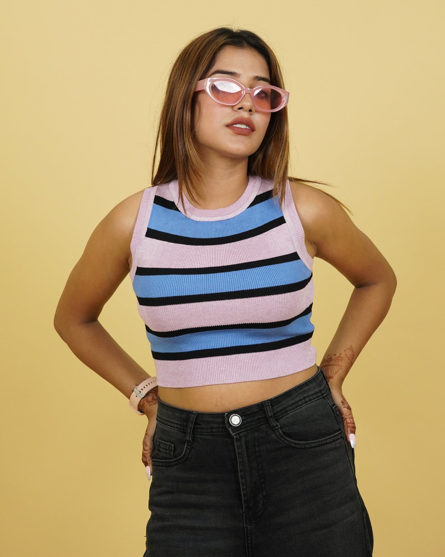 Women's Pink Strip Winter Tank Top Front View