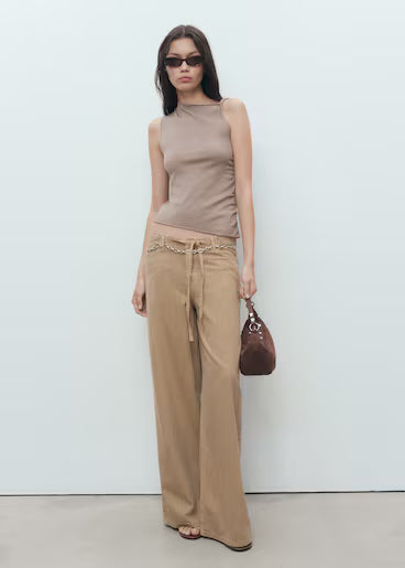 Malachi Women Beige Wide Leg Linen Trouser Front View