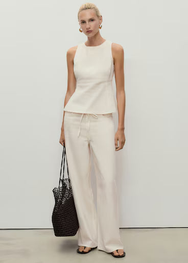 Women's Off White Wide Leg Linen Trouser Front View