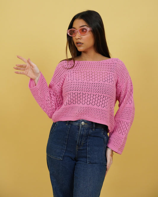Women Pink Crochet Crop Sweater Front View
