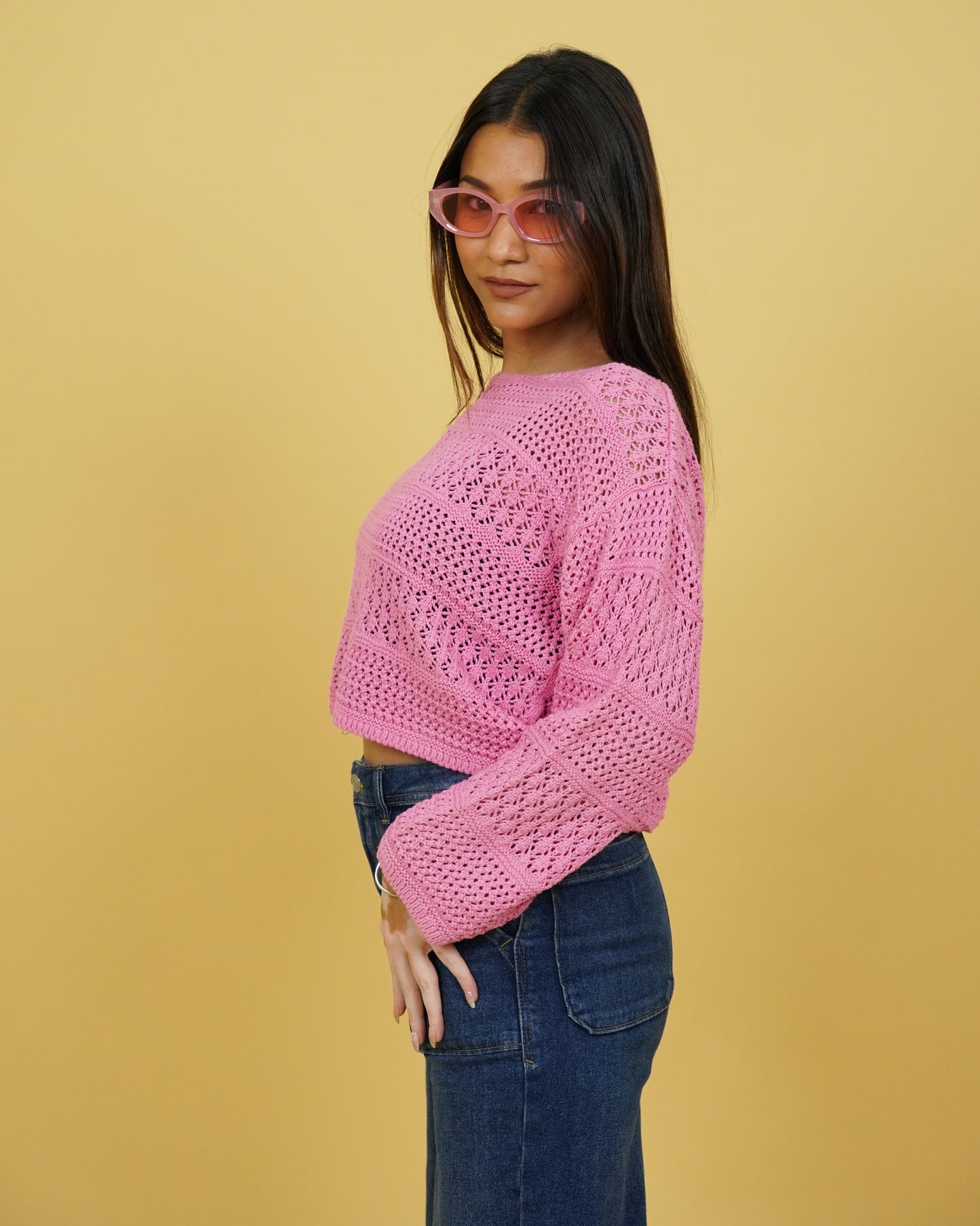Women Pink Crochet Crop Sweater Side View