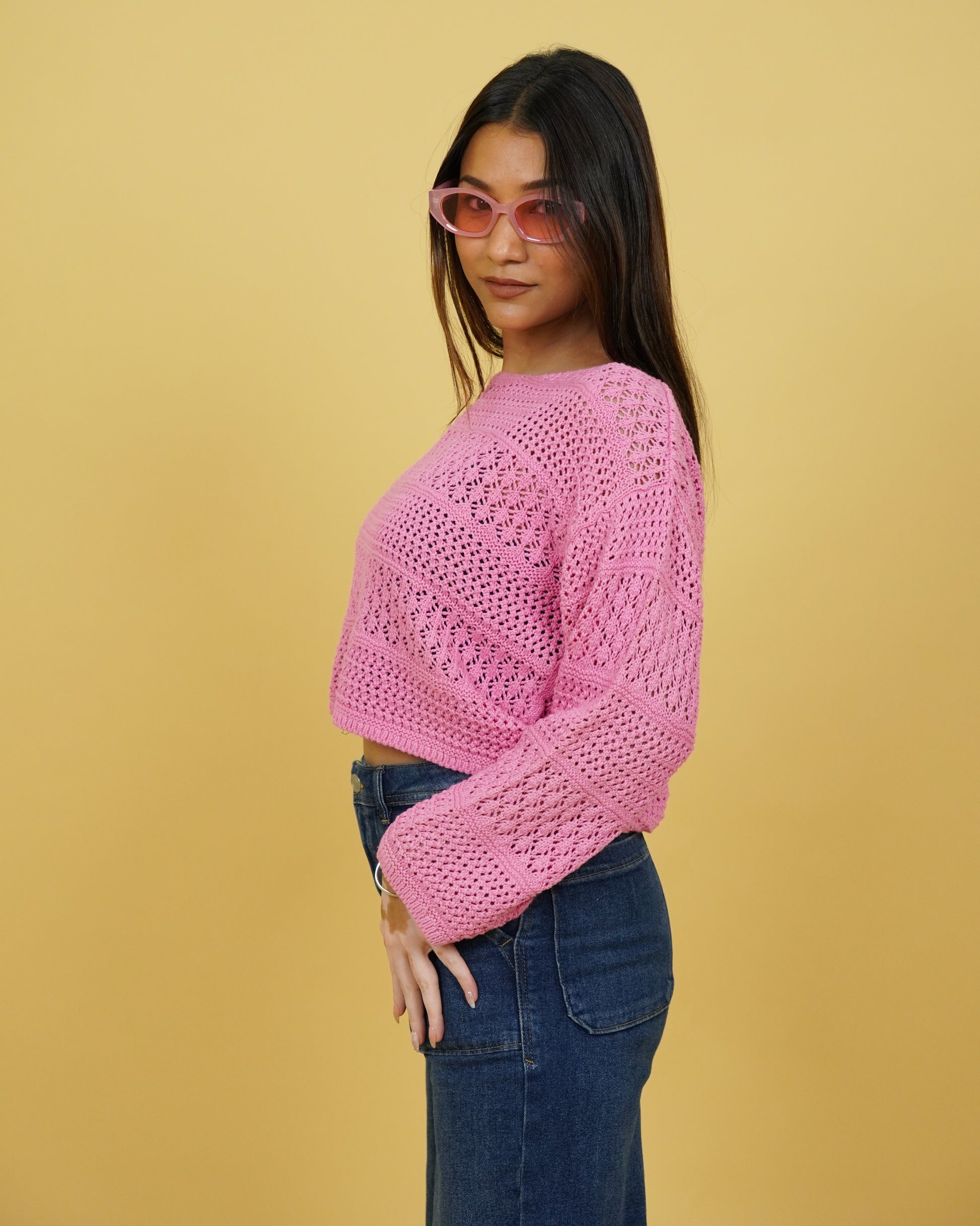 Women Pink Crochet Crop Sweater Side View