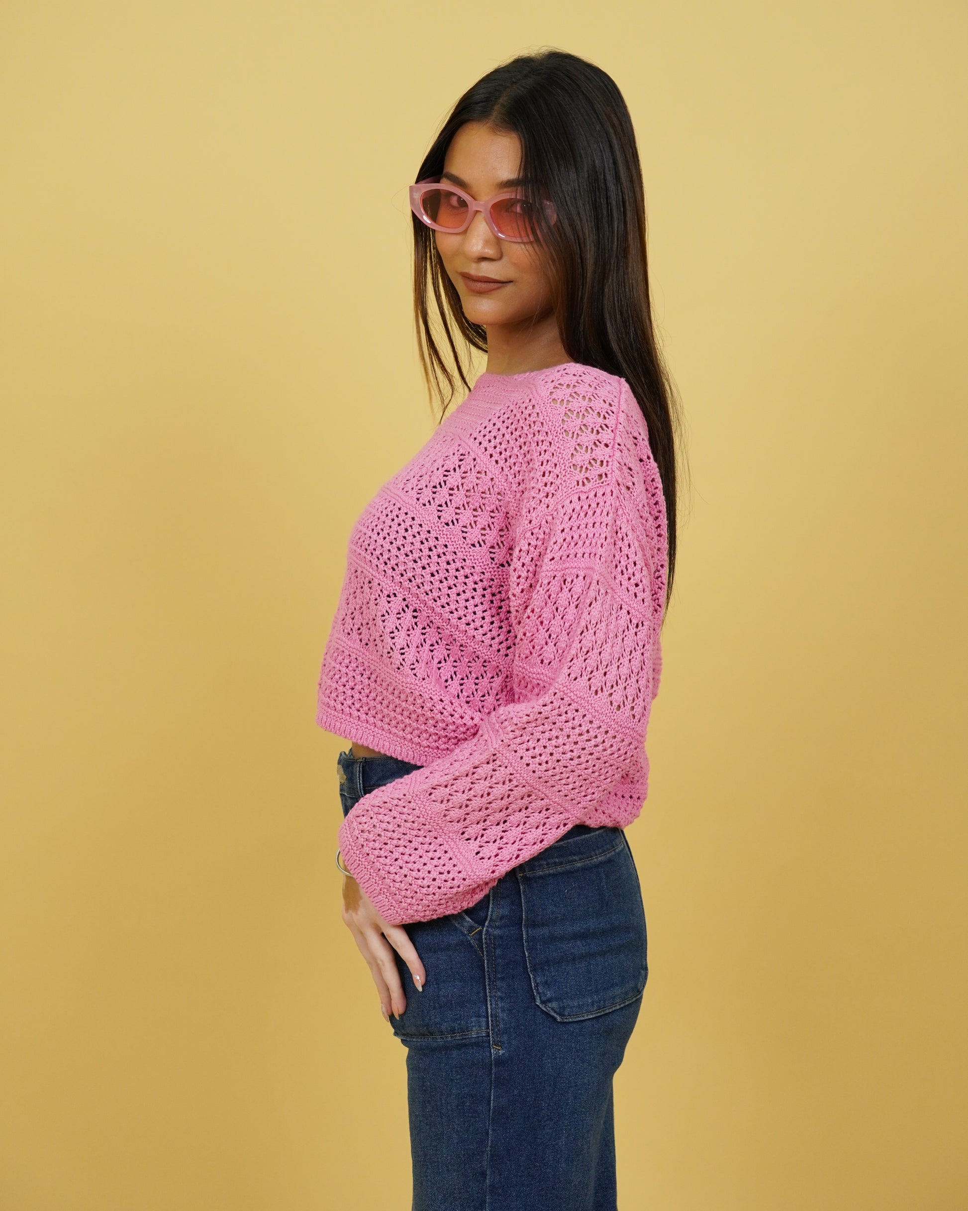 Women Pink Crochet Crop Sweater Side View
