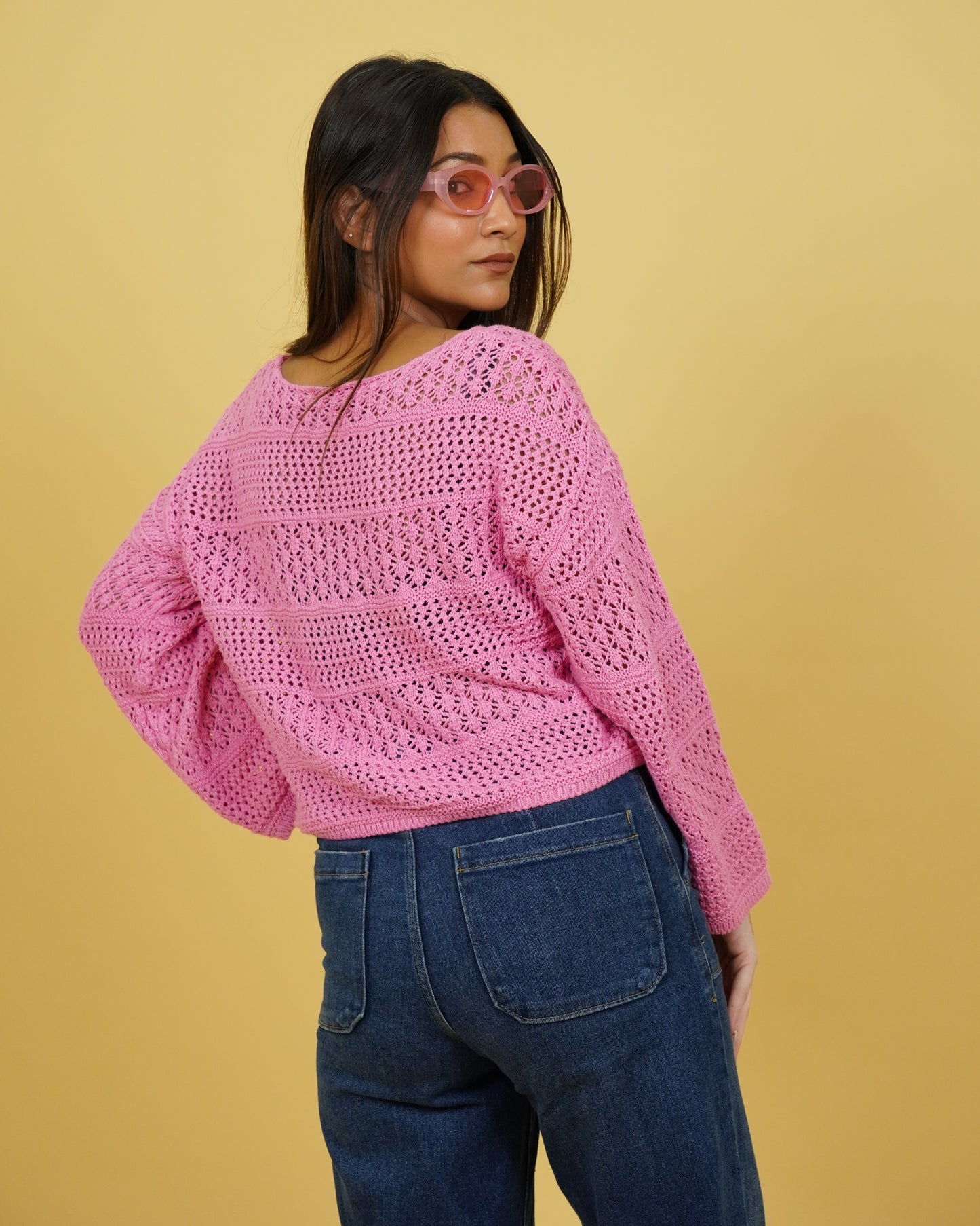 Women Pink Crochet Crop Sweater Back View