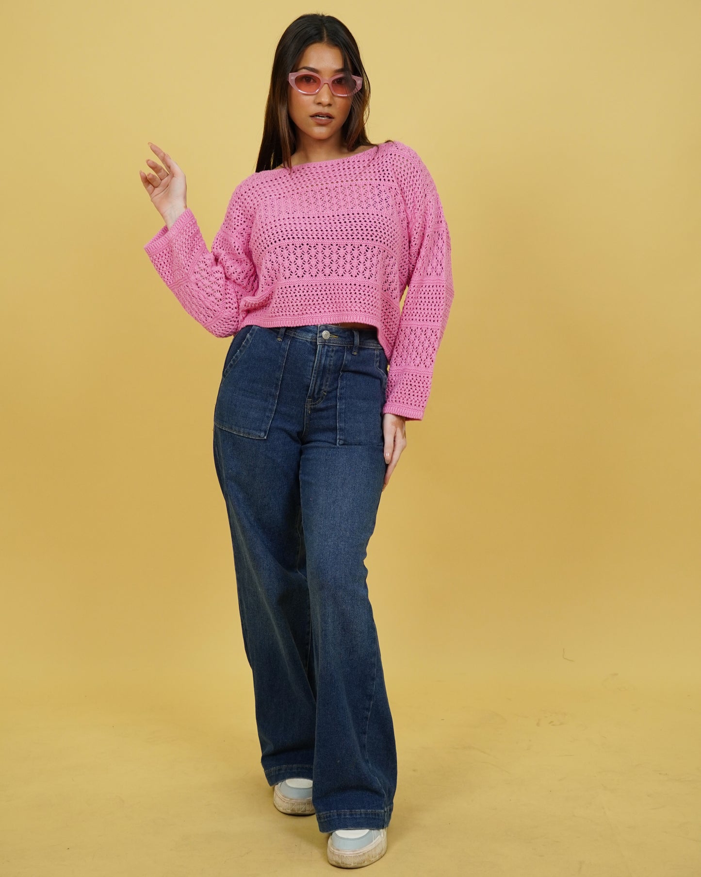Women Pink Crochet Crop Sweater Front View