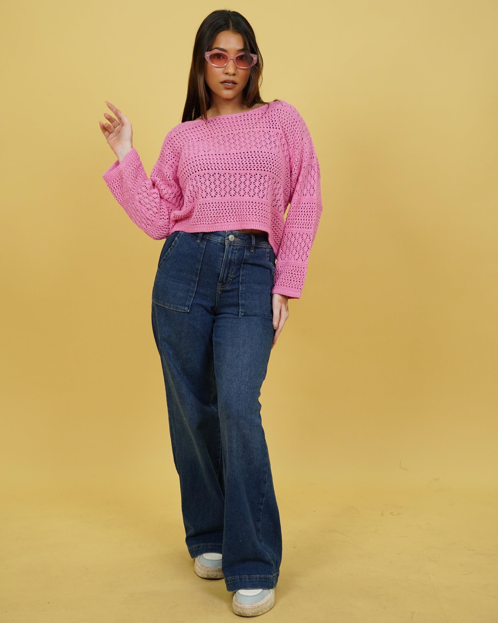 Women Pink Crochet Crop Sweater Front View