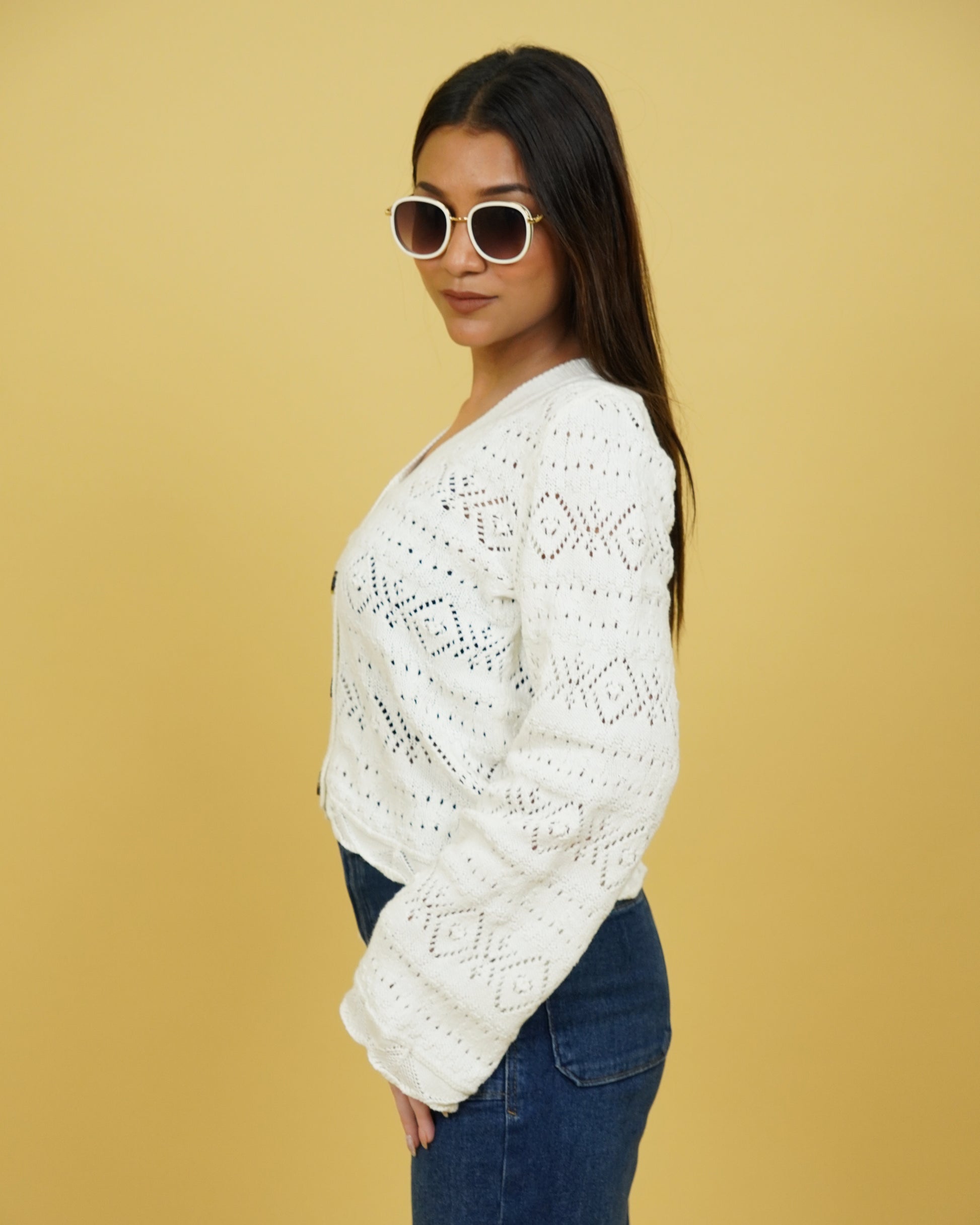 Women's Crochet White Cardigan Side View