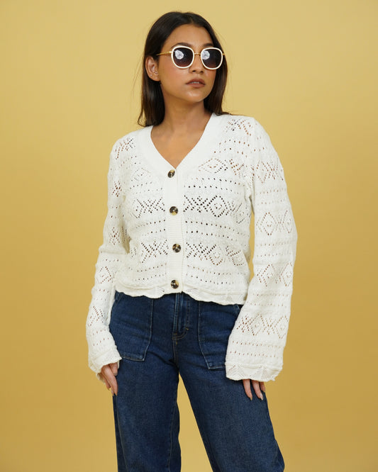 Women's Crochet White Cardigan Front View