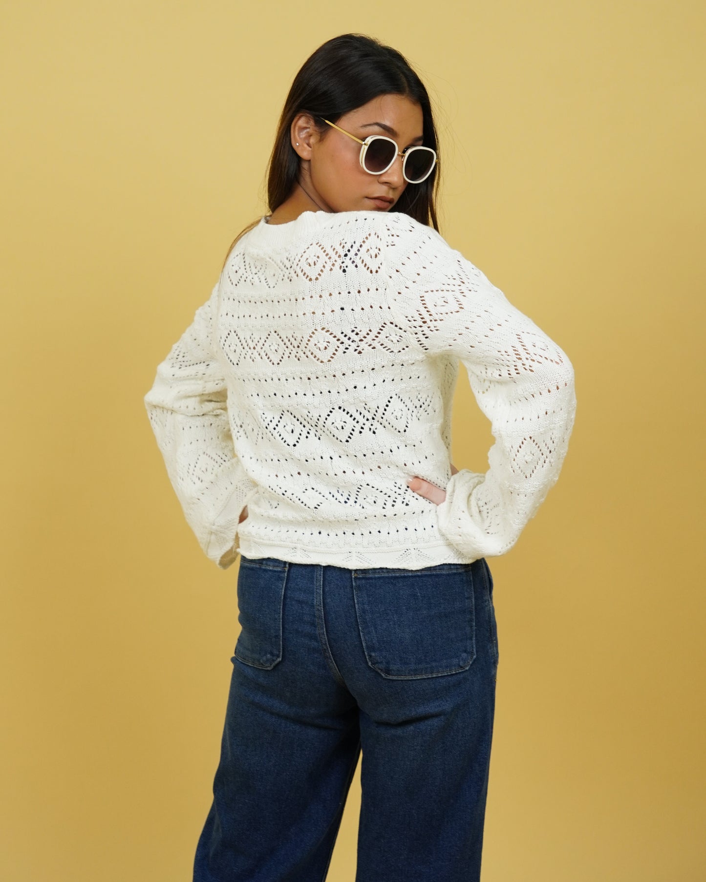 Women's Crochet White Cardigan Back View