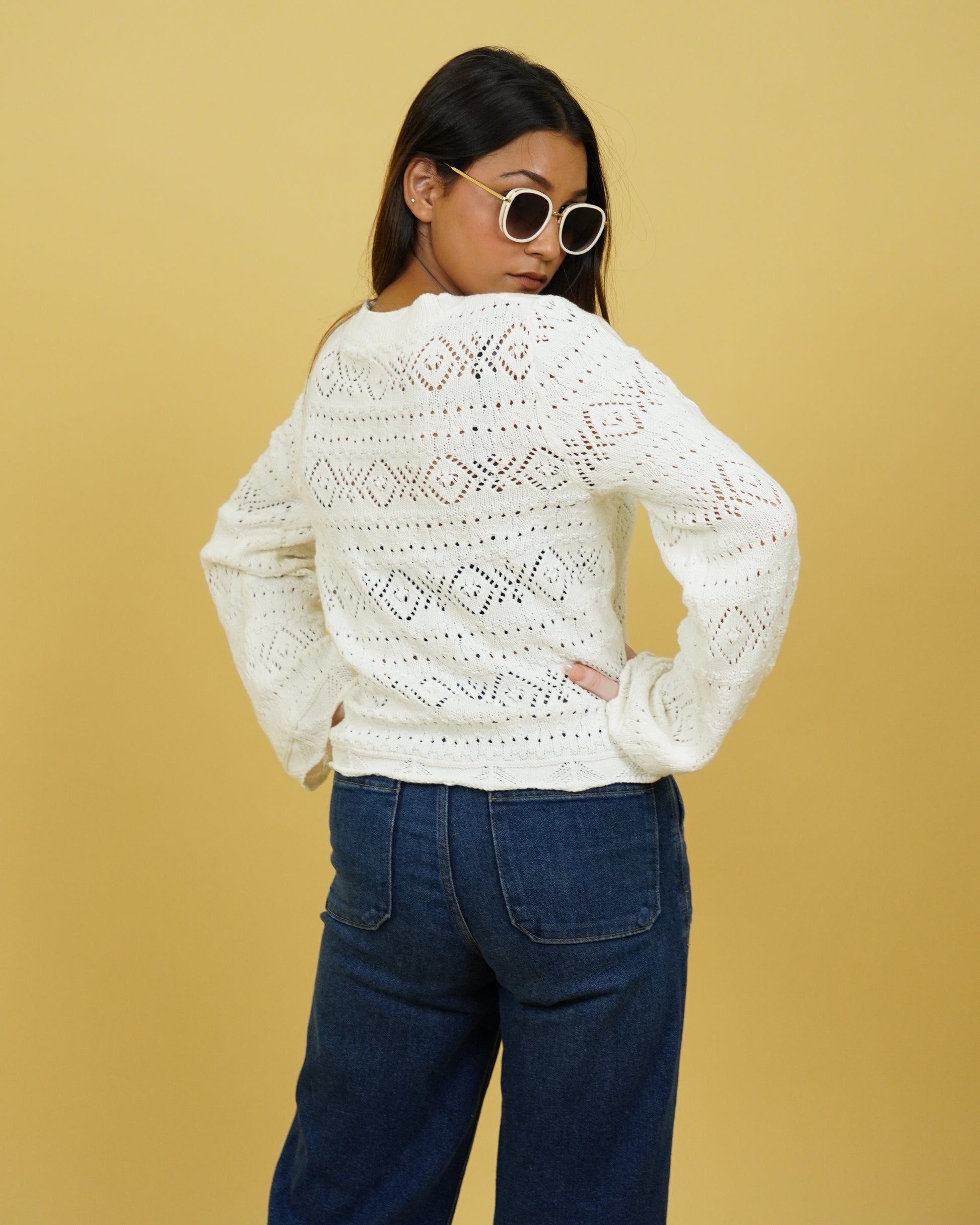 Women's Crochet White Cardigan Back View