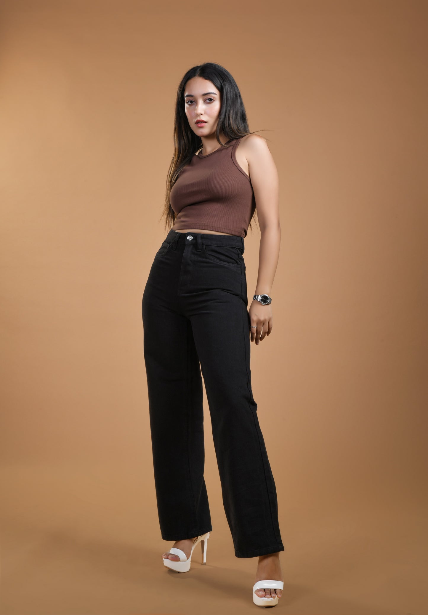 Womens Charcoal High Rise Wide Leg Jeans Front View