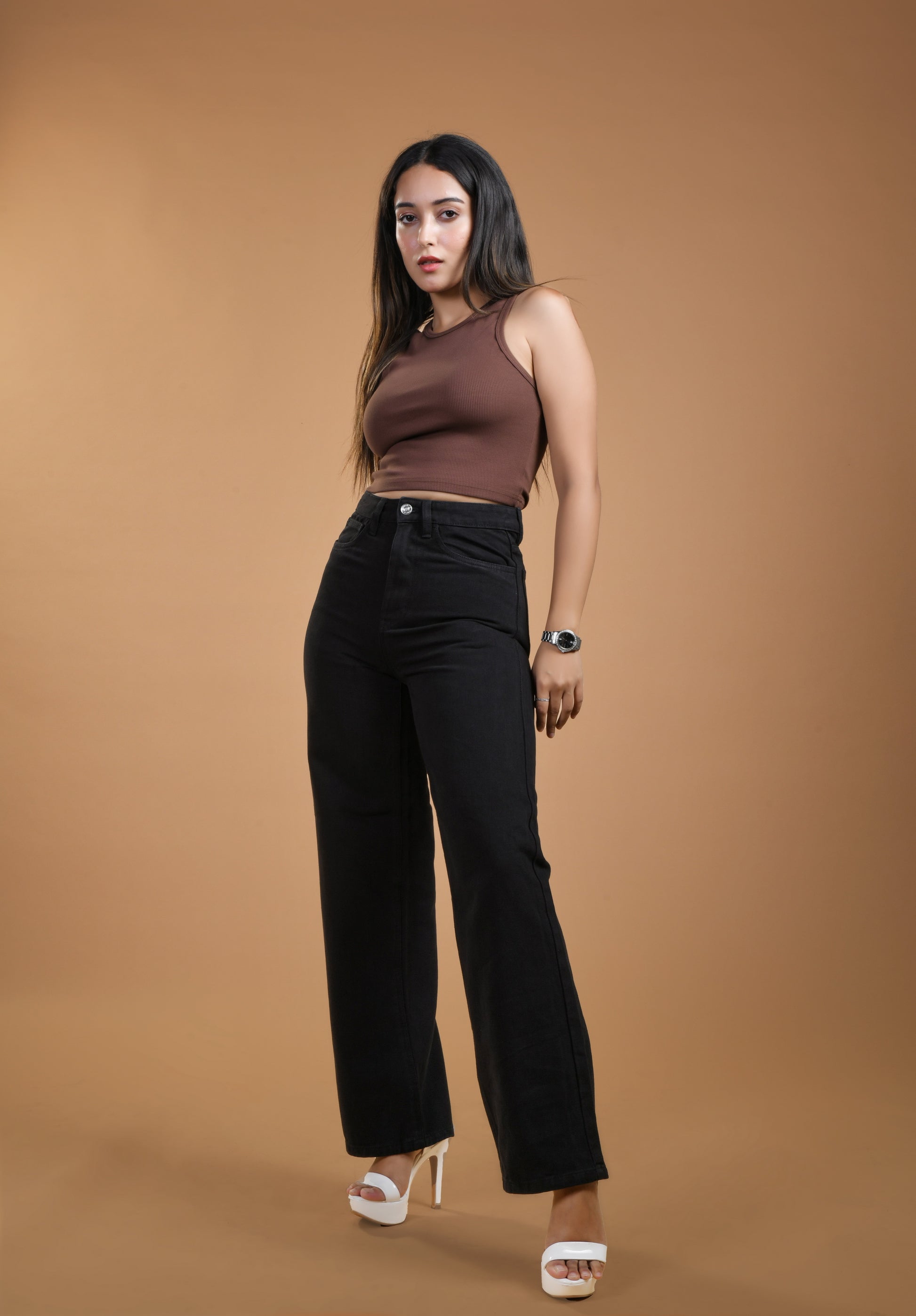 Womens Charcoal High Rise Wide Leg Jeans Front View