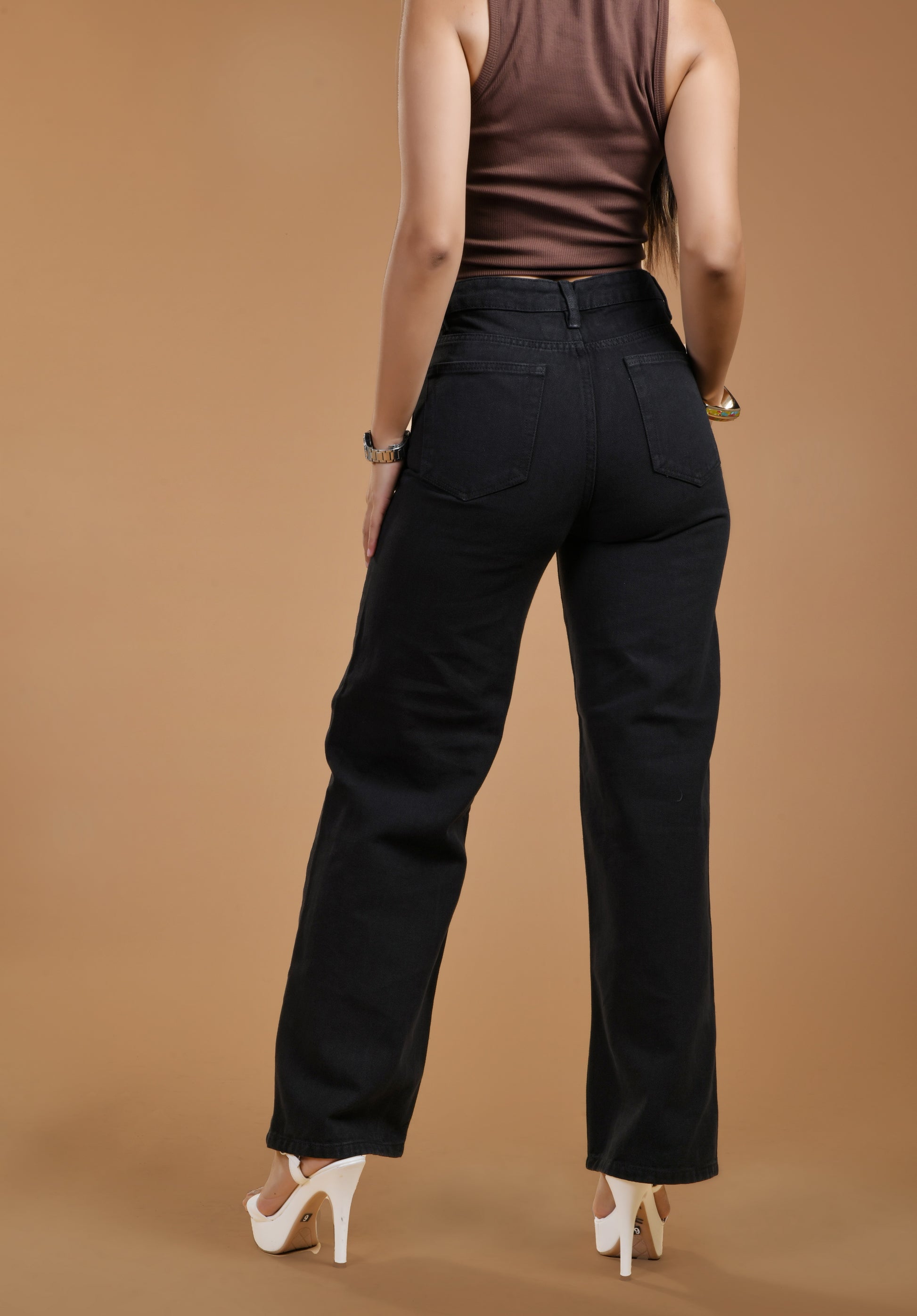 Womens Charcoal High Rise Wide Leg Jeans Back View