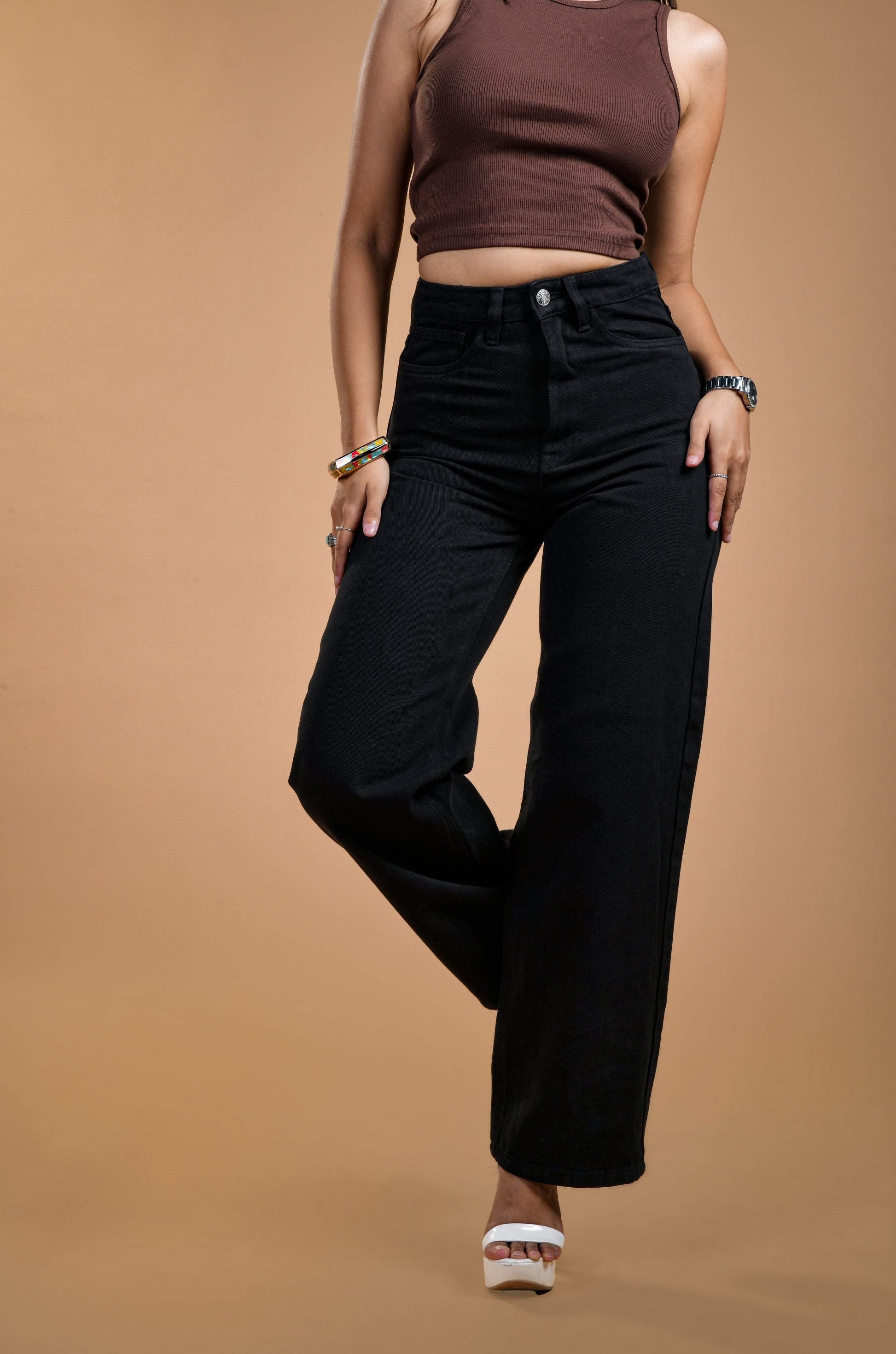 Womens Charcoal High Rise Wide Leg Jeans Front View