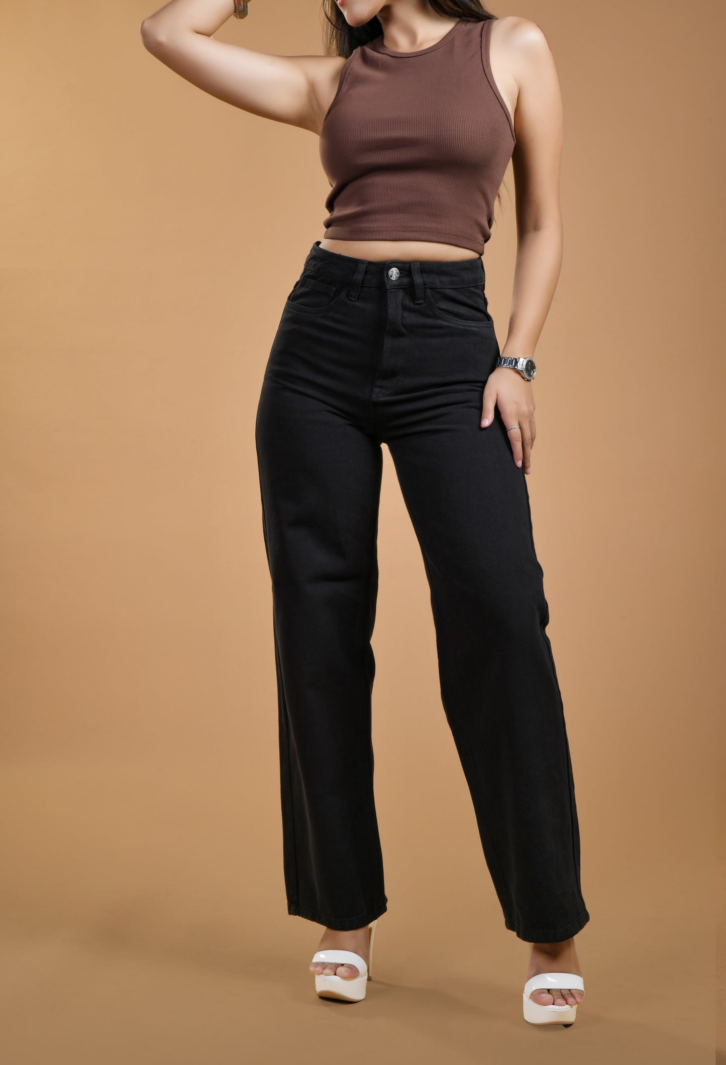 Womens Charcoal High Rise Wide Leg Jeans Front View
