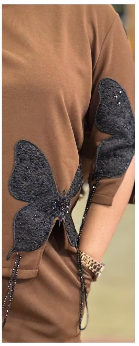 Women's Brown  Butterfly Appliqué Free Size Co-ord Set