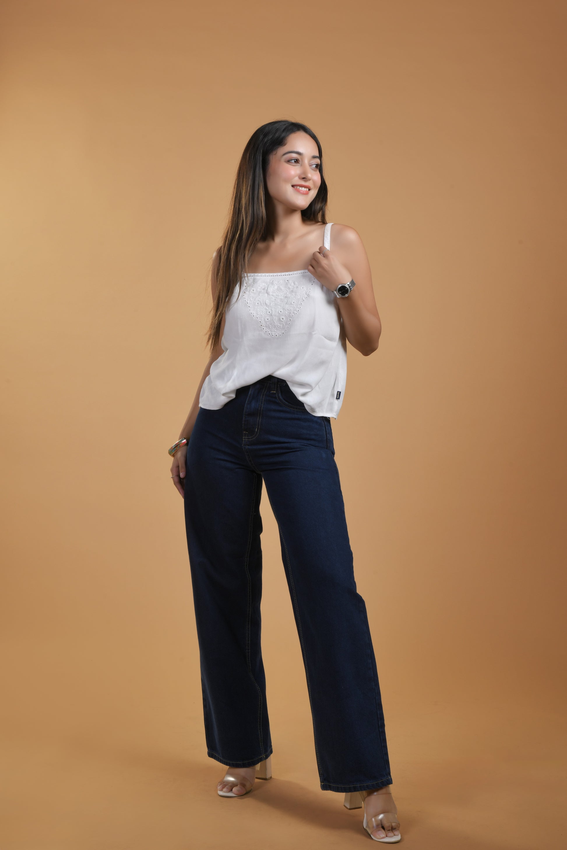 Womens Dark Blue High Rise Straight Leg Jeans Front View