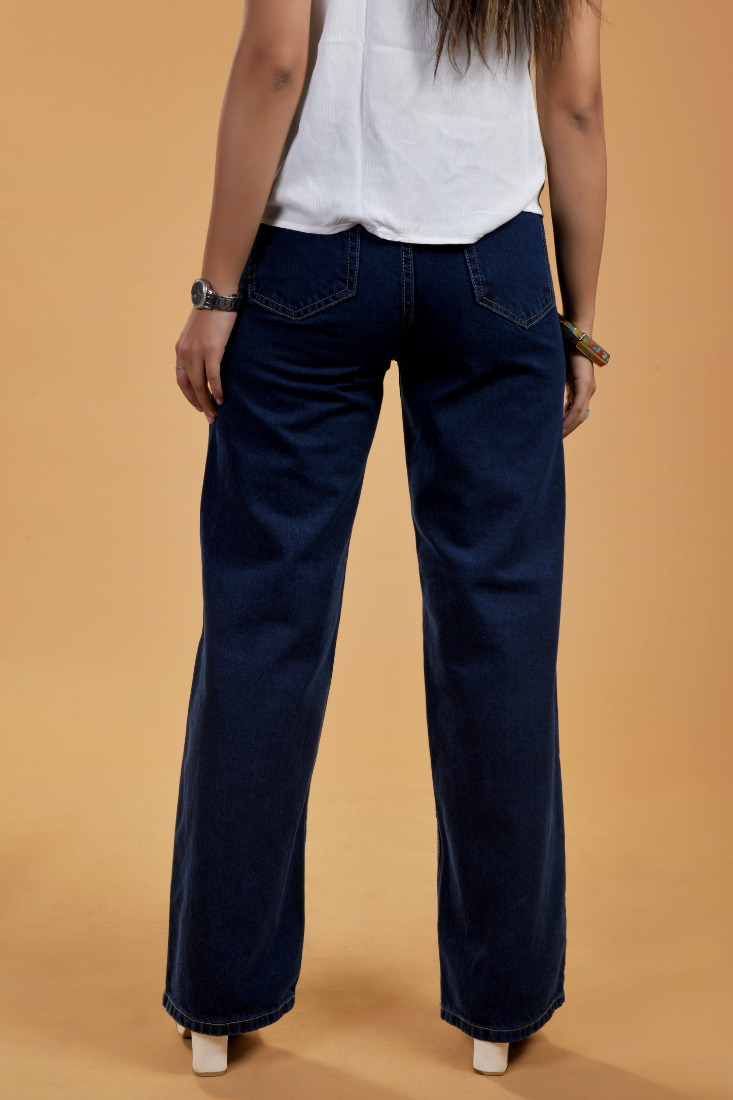 Womens Dark Blue High Rise Straight Leg Jeans Back View
