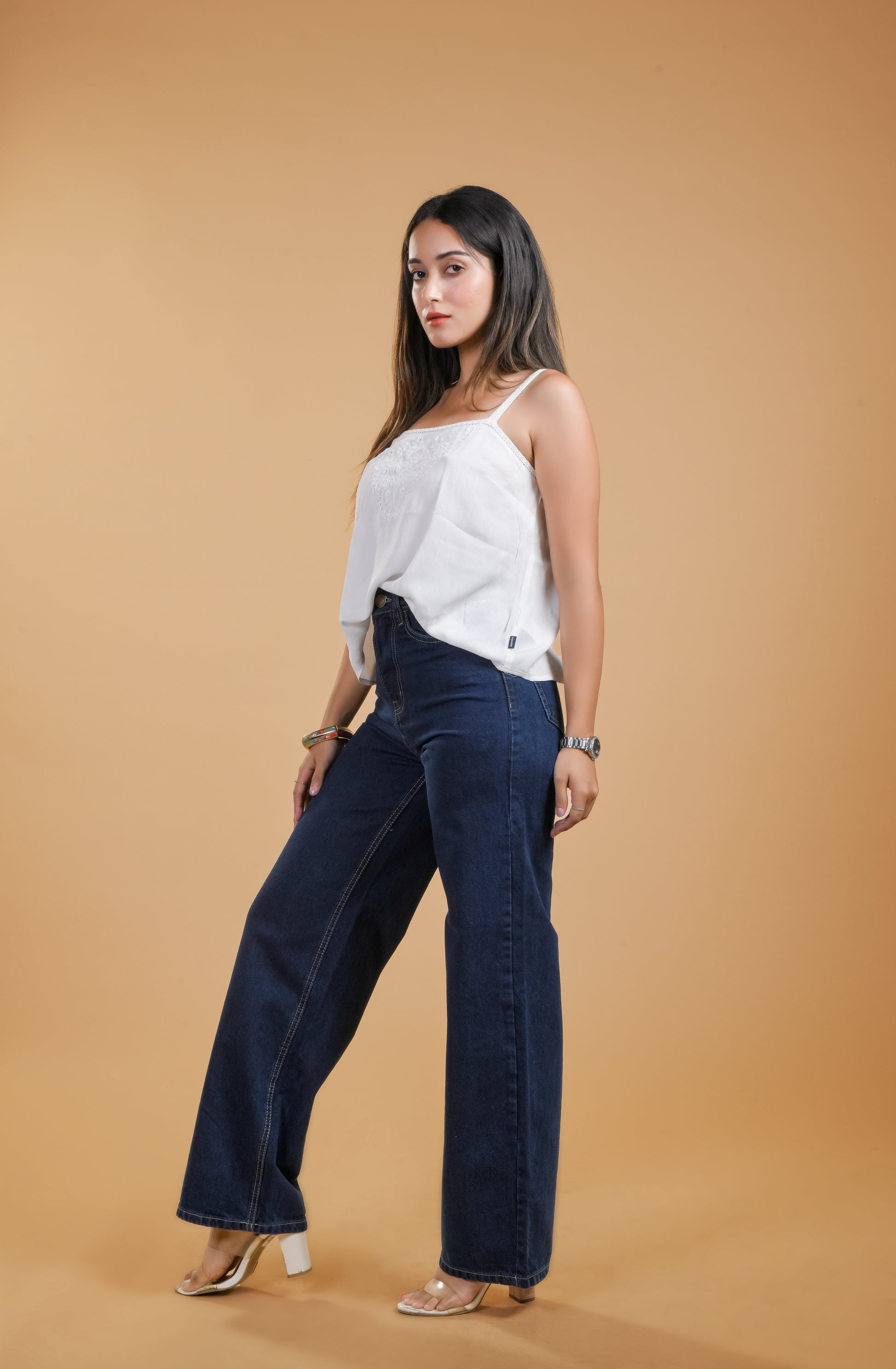 Womens Dark Blue High Rise Straight Leg Jeans Side View