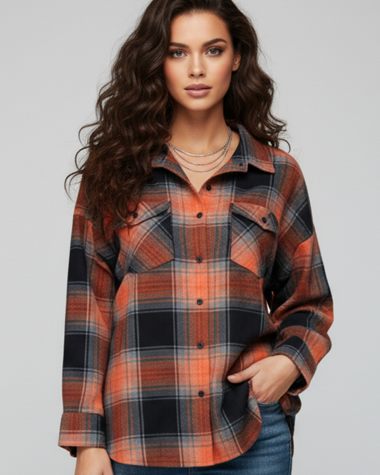 Womens Orange Drop Shoulder Check Shirt With Pocket