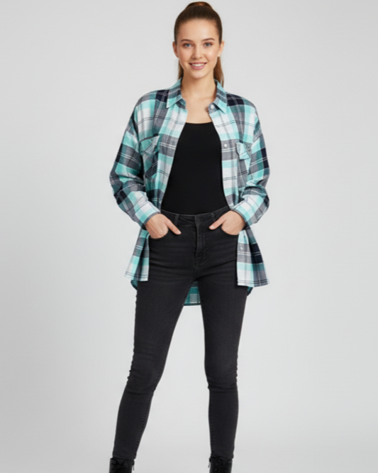 Womens Sea Green Drop Shoulder Check Shirt With Pocket