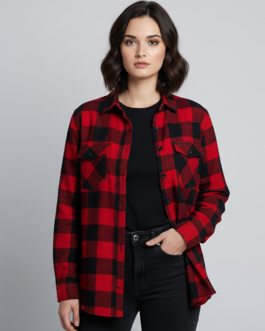 Womens Red & Black Drop Shoulder Check Shirt With Pocket