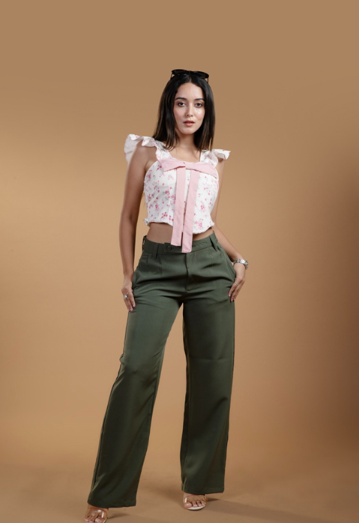 Women's Olive Wide Leg Korean Trouser