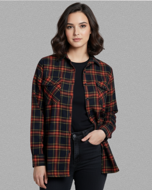 Womens Red & Green Drop Shoulder Check Shirt With Pocket