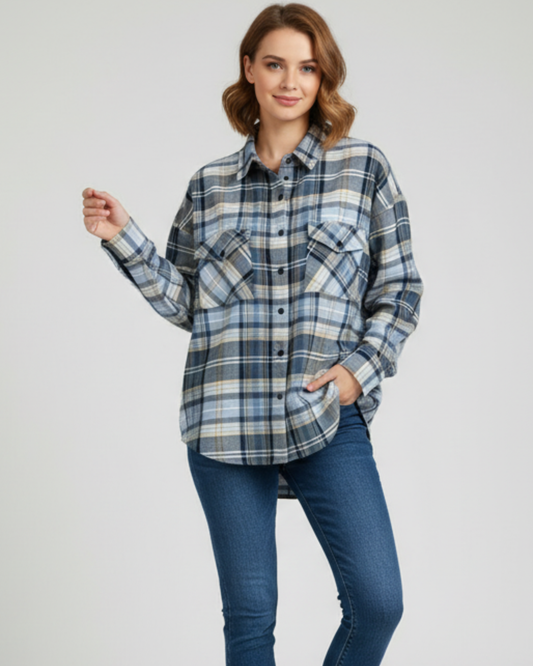 Womens Grey Drop Shoulder Check Shirt With Pocket