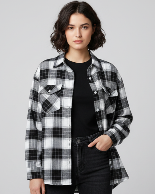 Womens White And Black Drop Shoulder Check Shirt With Pocket