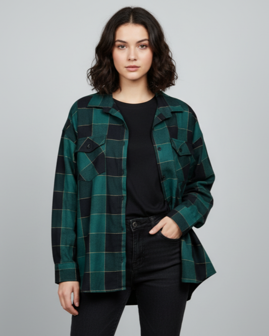 Womens Dark Green Drop Shoulder Check Shirt With Pocket