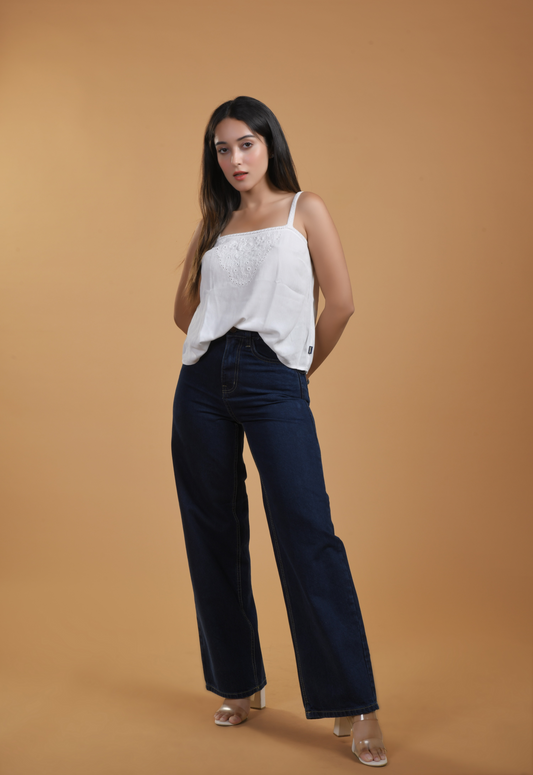 Womens Dark Blue High Rise Straight Leg Jeans
