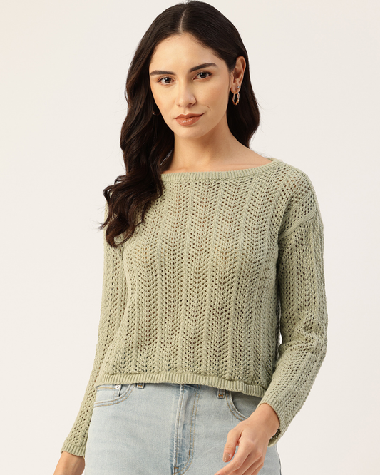 Malachi Women Blue Drop Shoulder Crochet Loose Fit Sweater