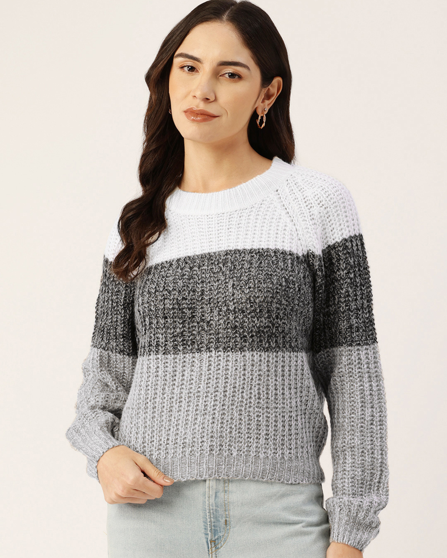 Malachi Women Grey and White Striped Drop Shoulder Crop Sweater