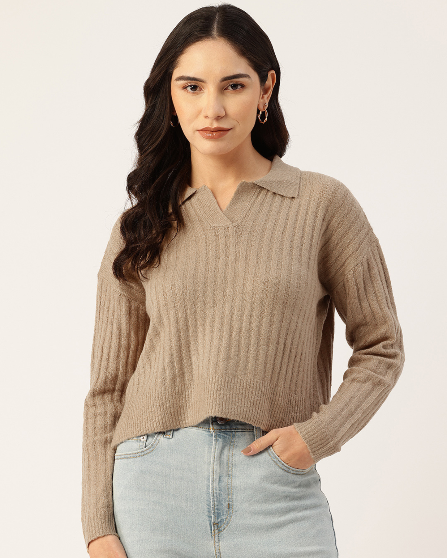 Malachi Women Drop-Shoulder Collared Brown Crop Sweater