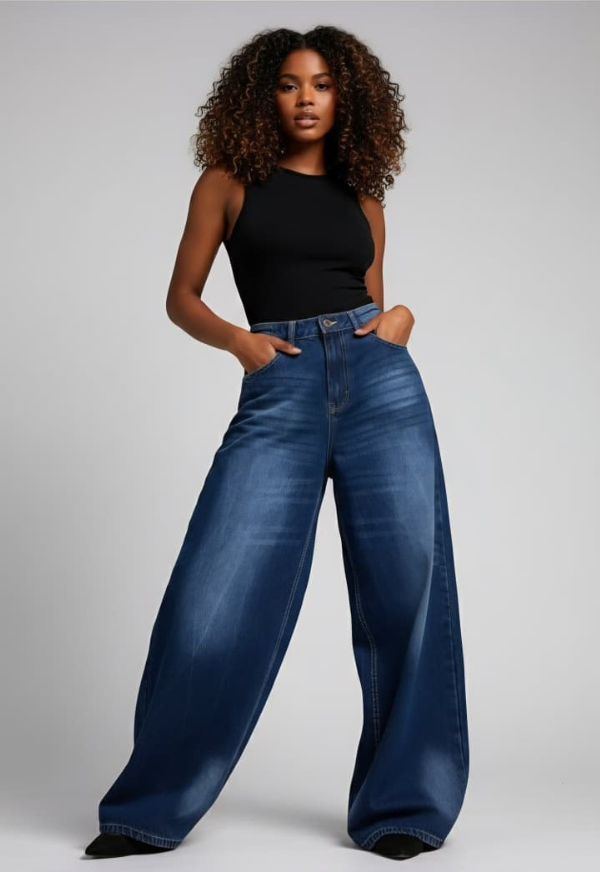 Women Super Baggy Wide Leg Dark Blue Jean
