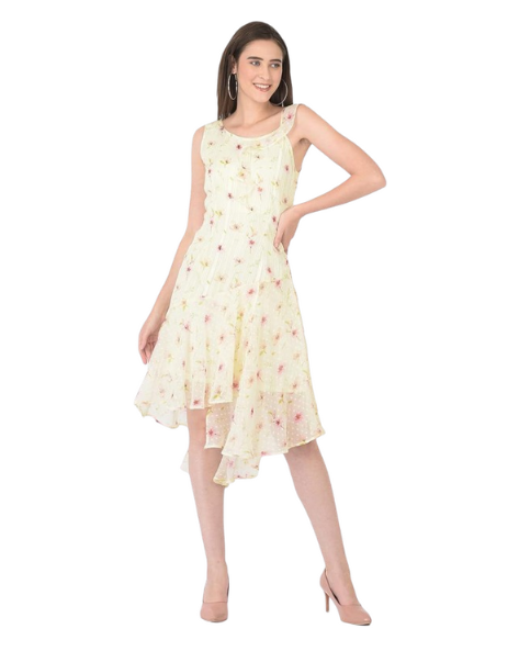 Women's Floral Printed Sleeveless Yellow Dress Front View