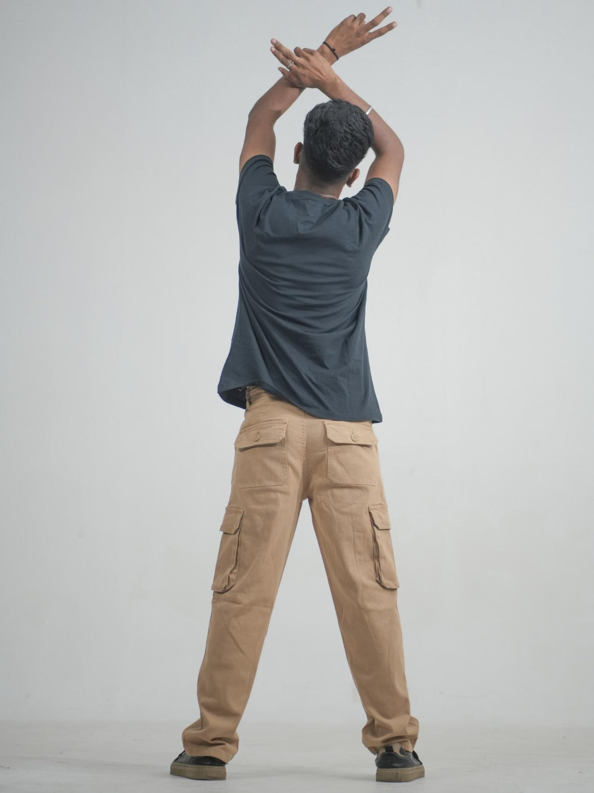 Men Beige Cotton Lycra 6 Pocket Cargo Pants Back View