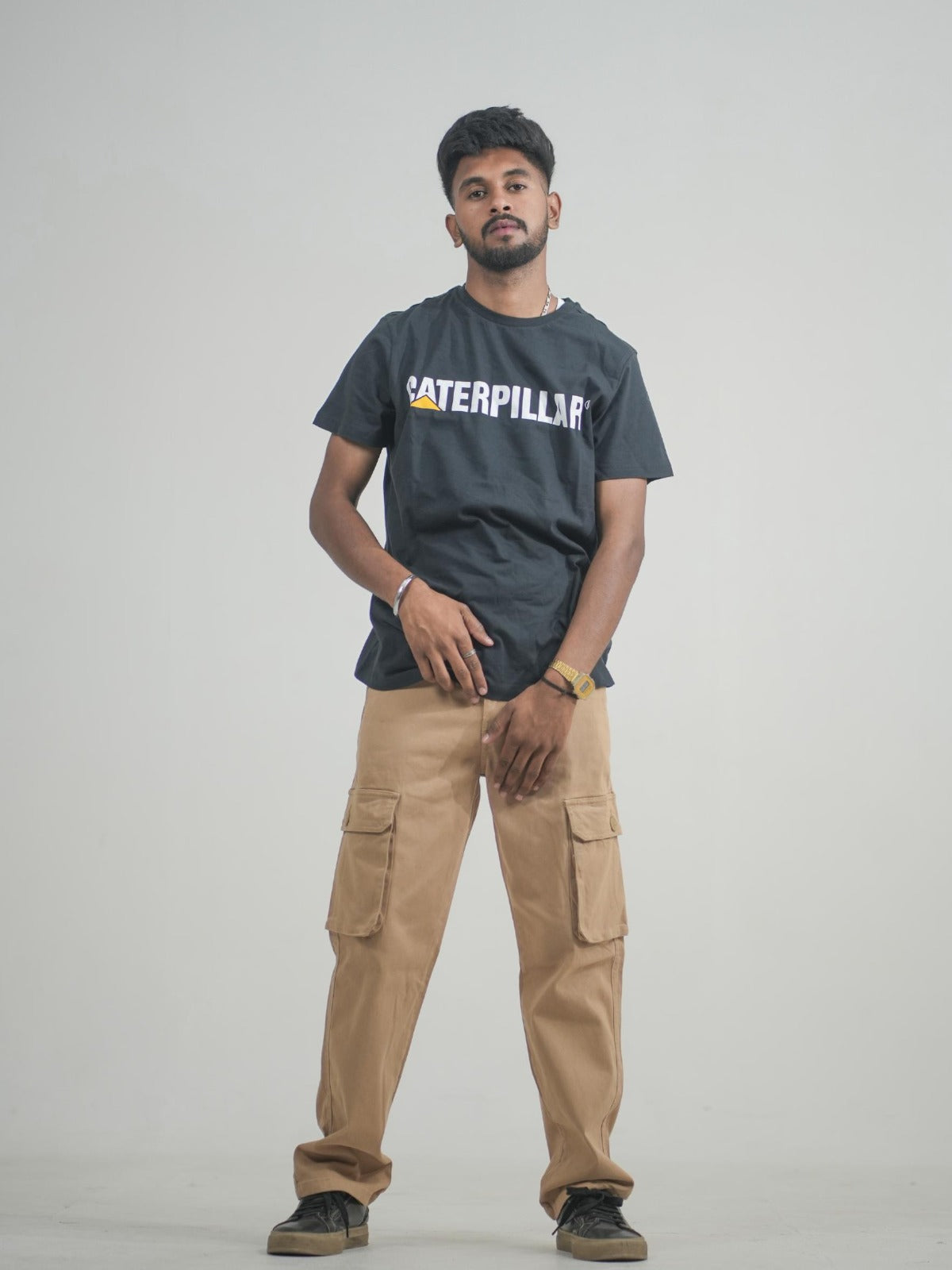 Men Beige Cotton Lycra 6 Pocket Cargo Pants Front View