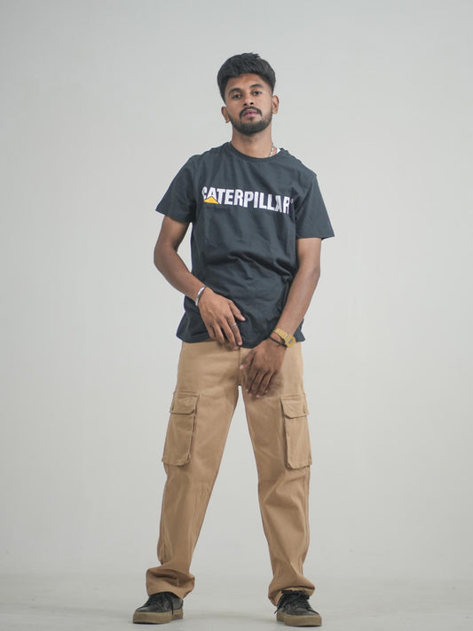 Men Beige Cotton Lycra 6 Pocket Cargo Pants Front View
