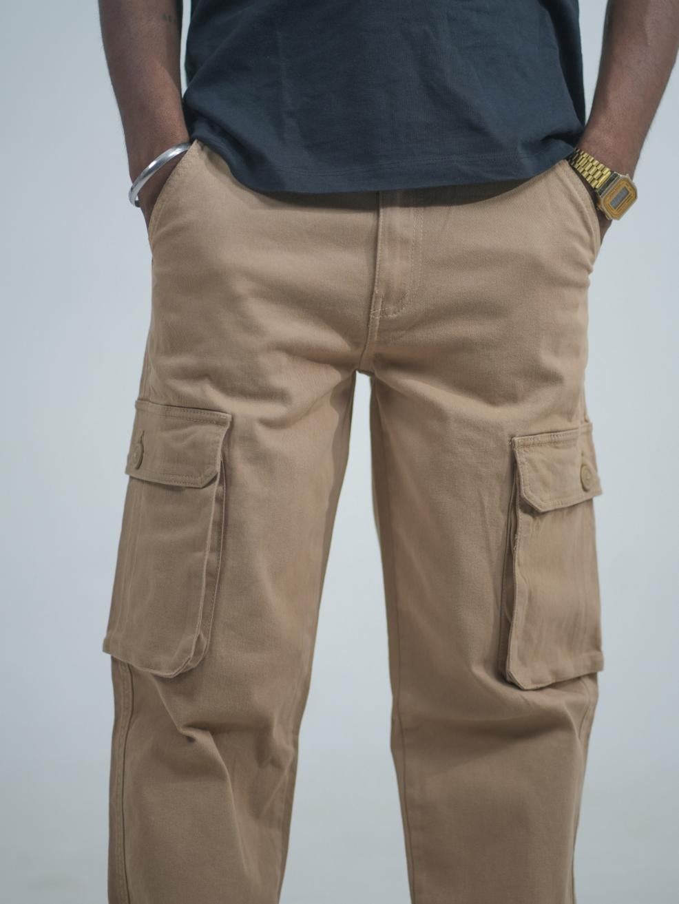 Men Beige Cotton Lycra 6 Pocket Cargo Pants Pocket View