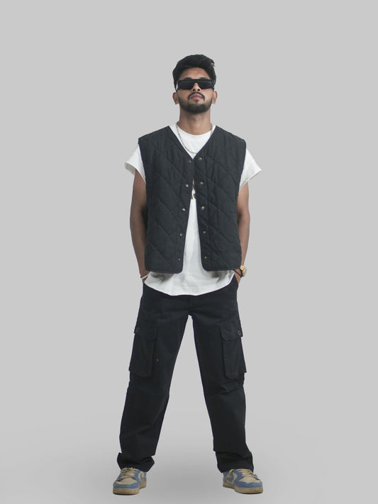 Men Black Cotton Lycra 6 Pocket Cargo Pants Front View